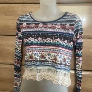 La Hearts Multicolor Striped Floral Crochet-Hem Long Sleeve Top